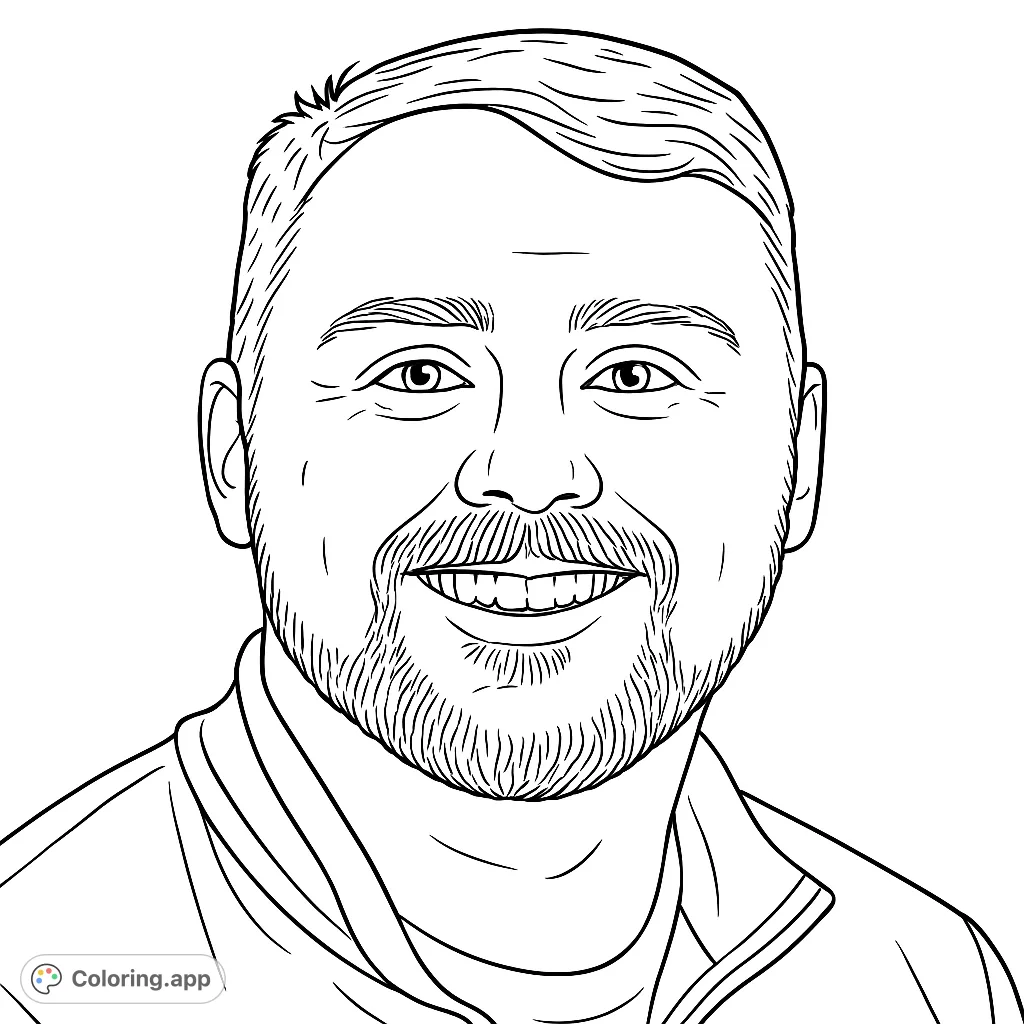A realistic portrait coloring page featuring a smiling man with a beard and short hair against a softly diffused background, perfect for detailed shading.