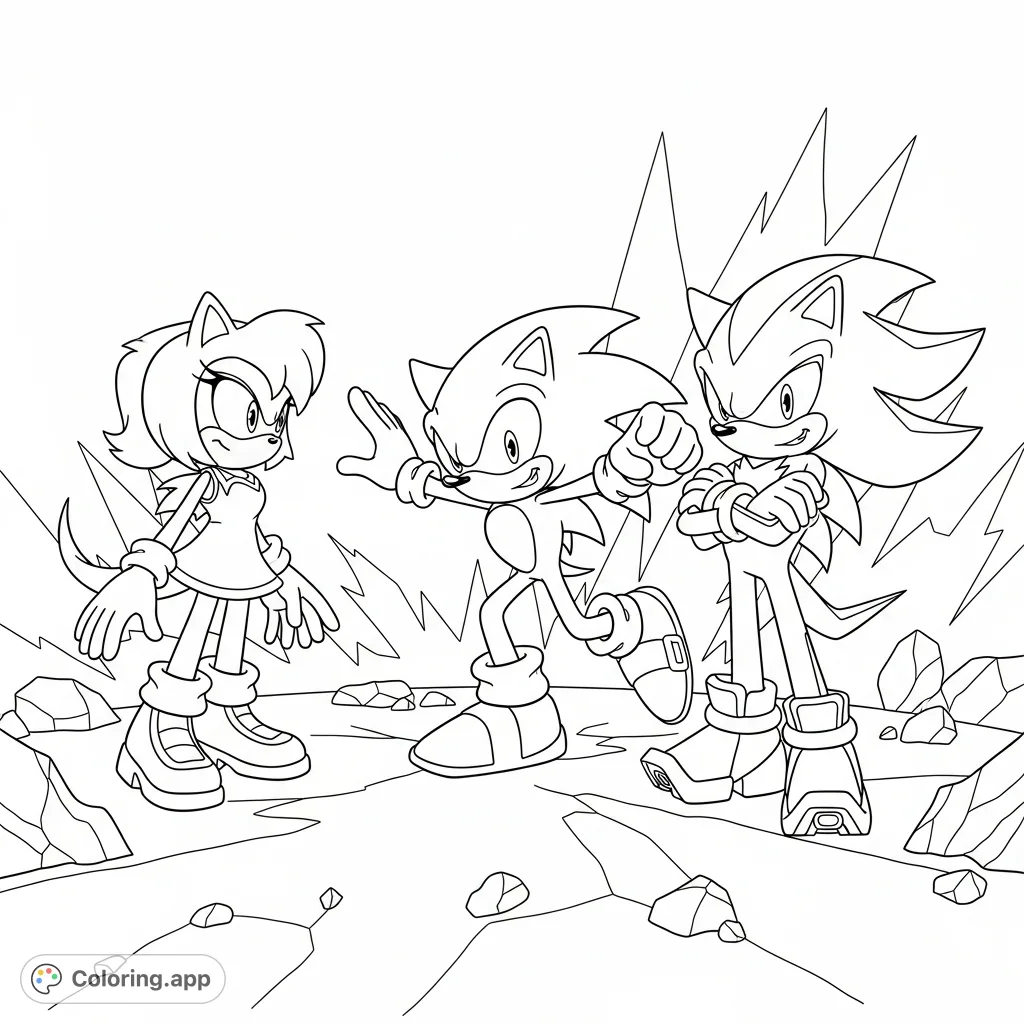 Experience an epic "Hedgehog Rivals coloring page" featuring Christina, Sonic, and Shadow in a dynamic face-off. Perfect for fans to bring to life!