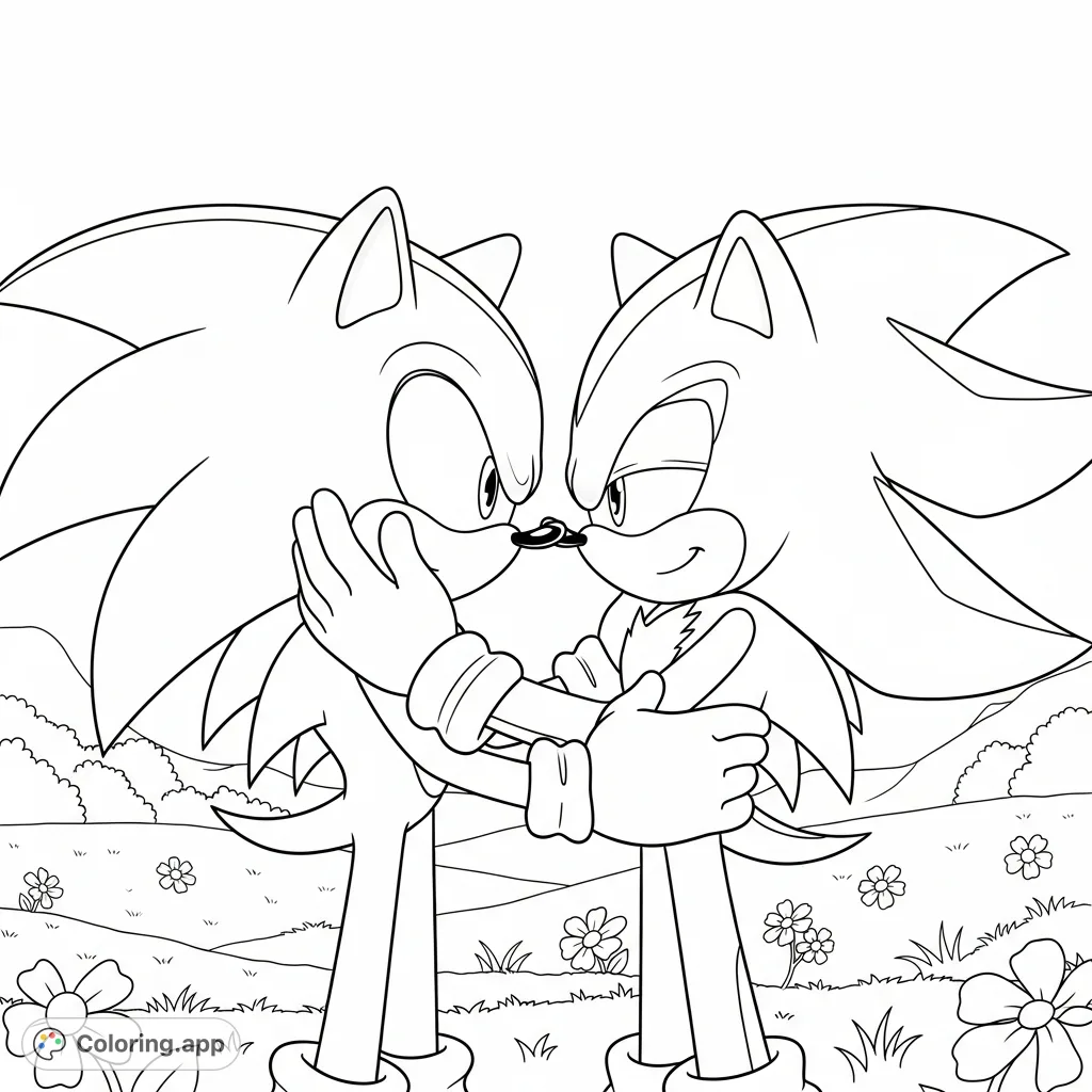 A touching Sonic and Shadow coloring page capturing a moment of tender affection between the two hedgehogs in a serene, romantic landscape.