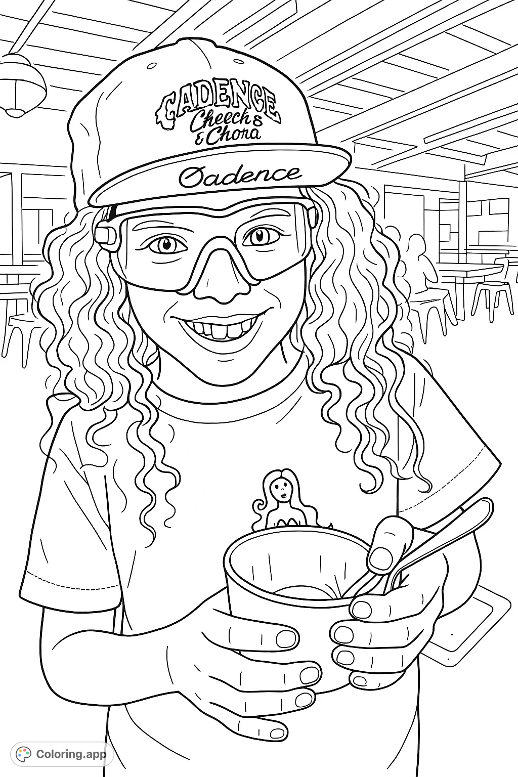 A cheerful child with curly hair and cool sports glasses enjoys a tasty dessert, wearing a cap and a shirt with a fun character. This delightful scene invites creative coloring.