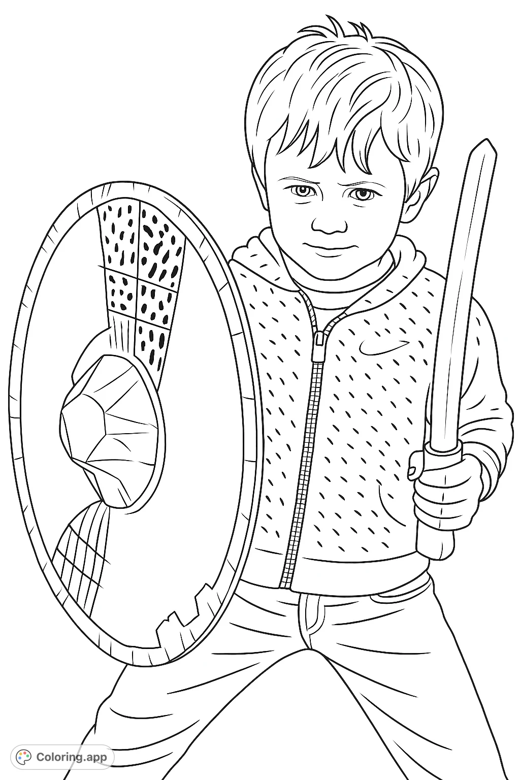 A young warrior proudly poses with a decorated shield and toy sword, inviting imaginative play and heroic adventures. Perfect for kids to customize their own brave knight!