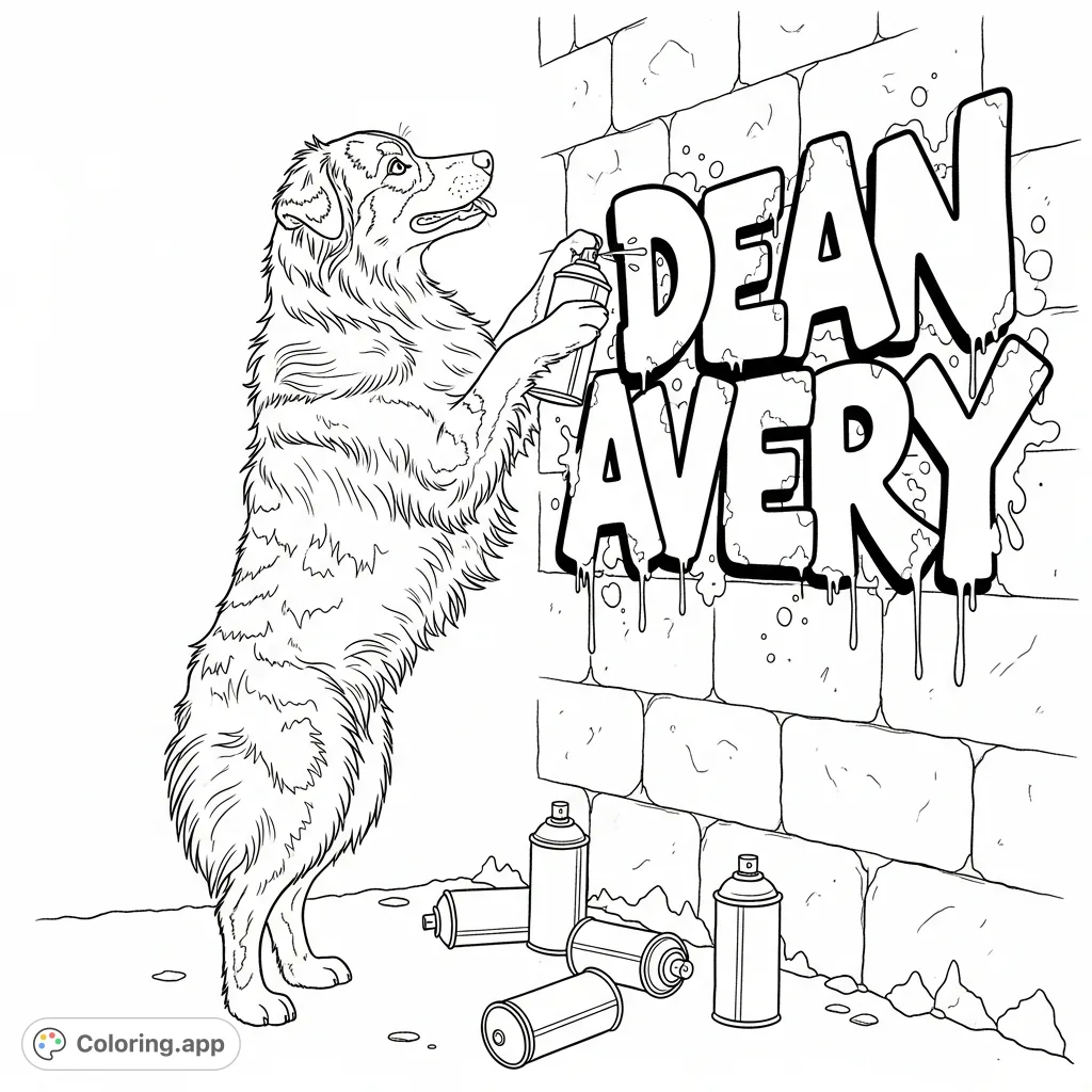 A creative Australian Shepherd dog paints custom graffiti "Dean Avery" on a textured brick wall, surrounded by spray cans. A fun, artistic coloring page.