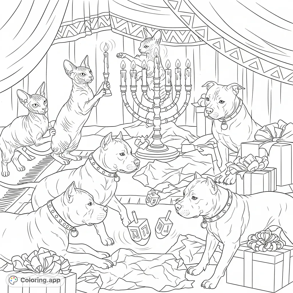 A unique Hanukkah coloring page featuring hairless Sphynx cats and Pit bulls celebrating with a menorah, dreidels, and gifts. A heartwarming, unconventional holiday scene.