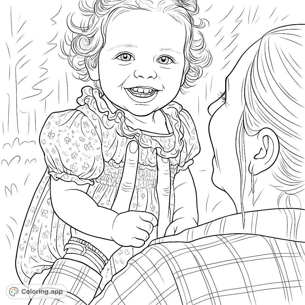 Capture a heartwarming moment of a smiling child held by a loving parent. This charming family scene with a playful toddler and detailed clothing is perfect for all ages.