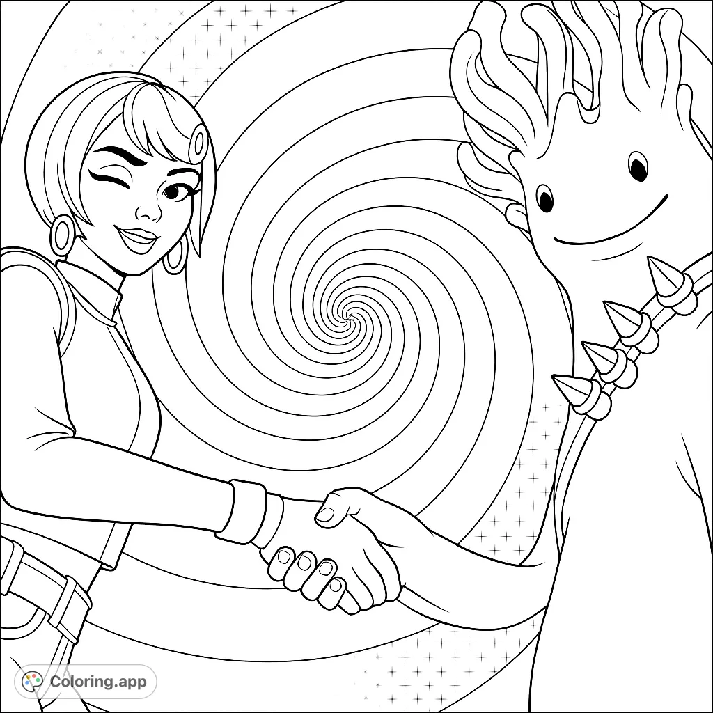 Color a dynamic scene featuring a friendly handshake between a stylized human-like character and a unique blob creature, set against a vibrant spiral background.