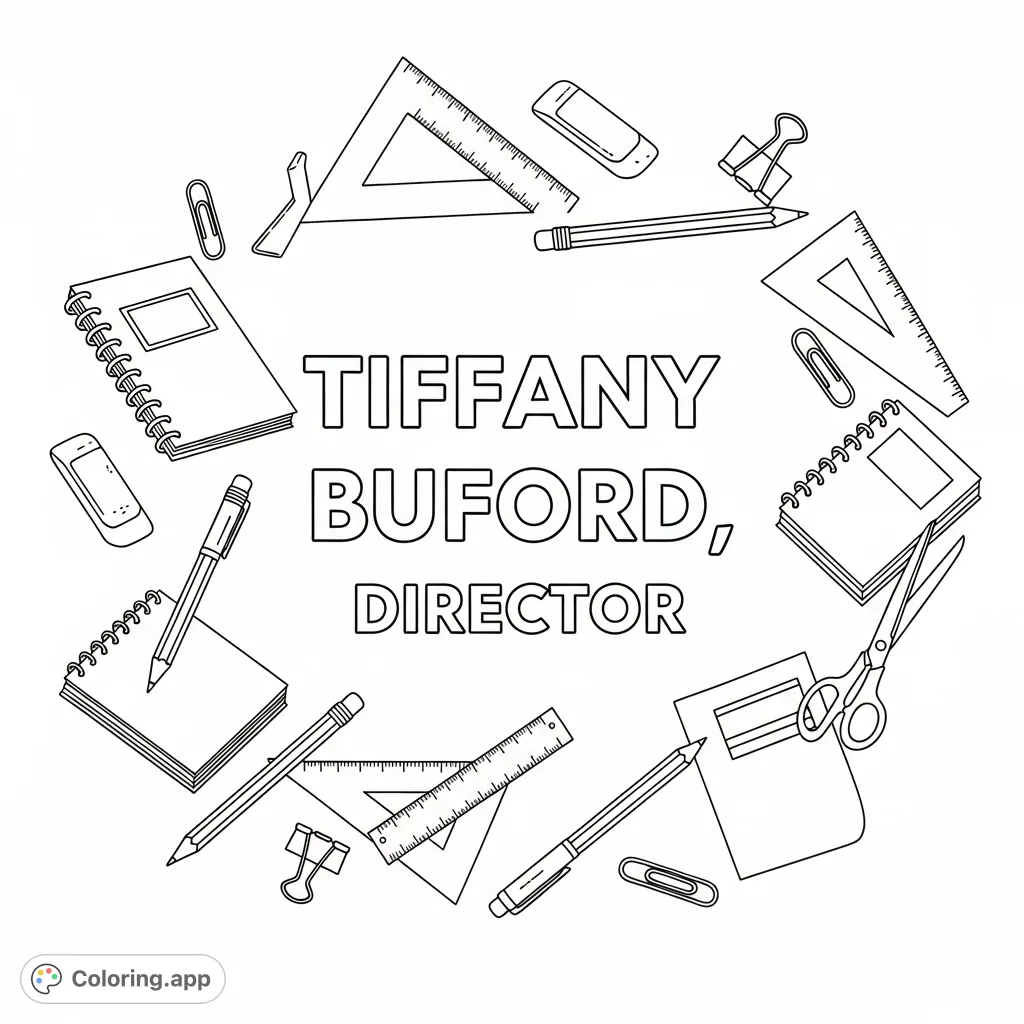 A unique coloring page featuring the words 'Tiffany Buford, Director' surrounded by an array of whimsical school supplies. Perfect for personalizing an office or gift!