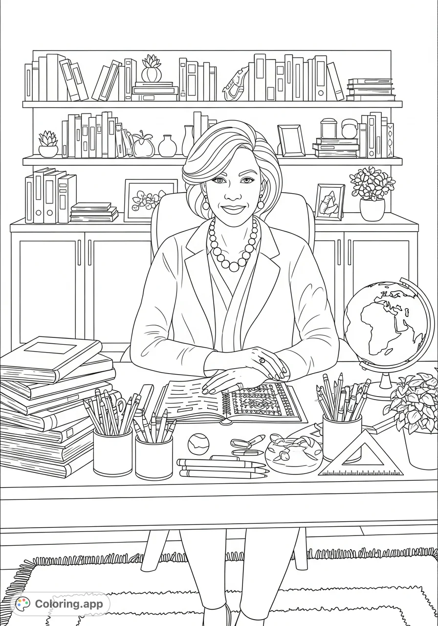 Color a charming scene featuring Tiffany Buford, Director, surrounded by a delightful abundance of school supplies, perfect for back-to-school inspiration!