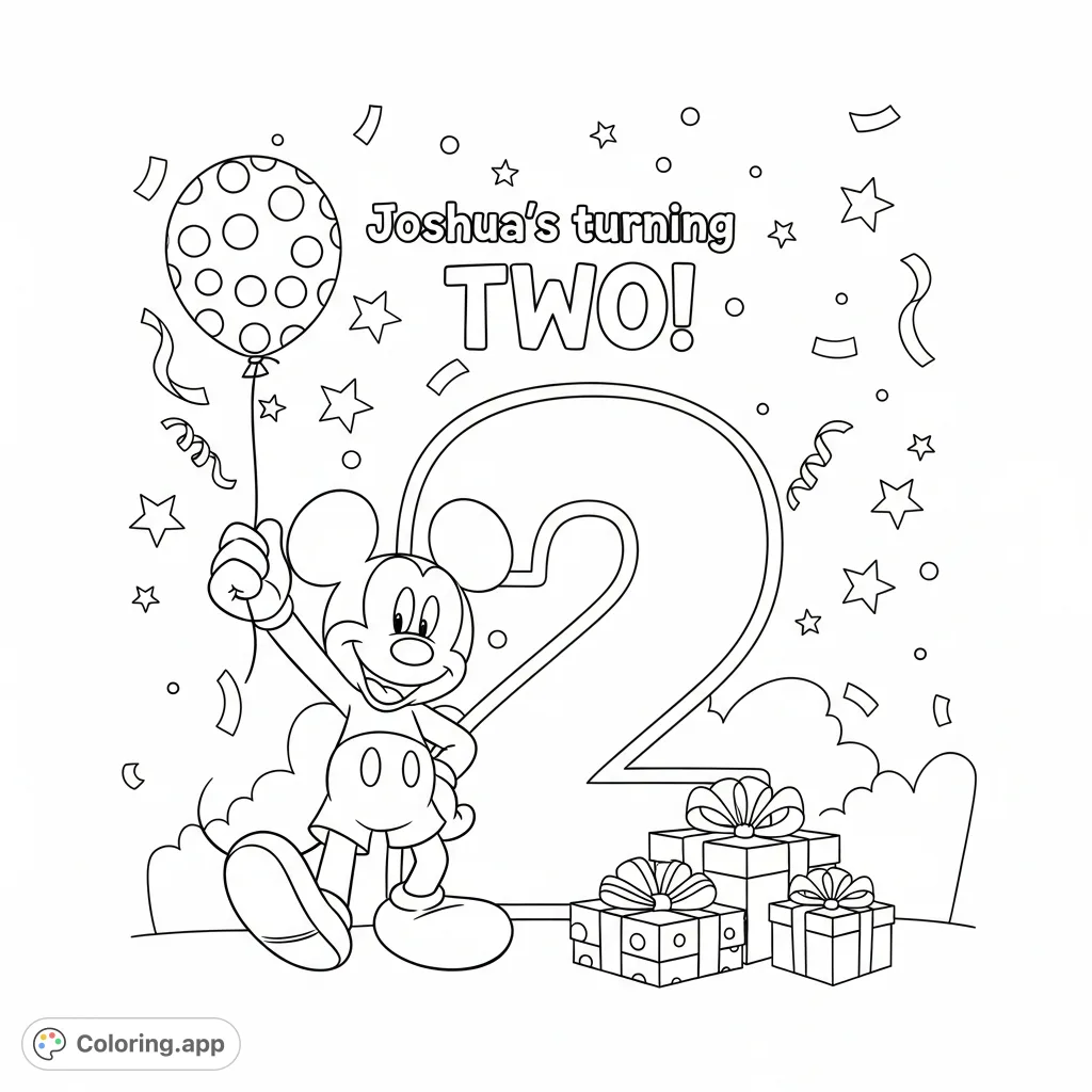 Celebrate Joshua's second birthday with Mickey Mouse! This cheerful coloring page features Mickey, a festive balloon, and a prominent "2," perfect for young fans.