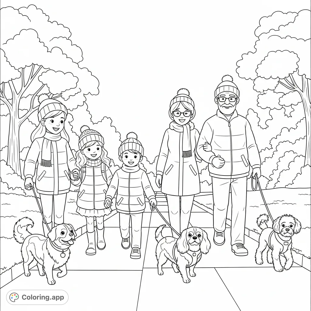 Experience a heartwarming winter scene featuring a multi-generational family and their three dogs enjoying a snowy walk, perfect for a cozy, free printable winter walk coloring page.