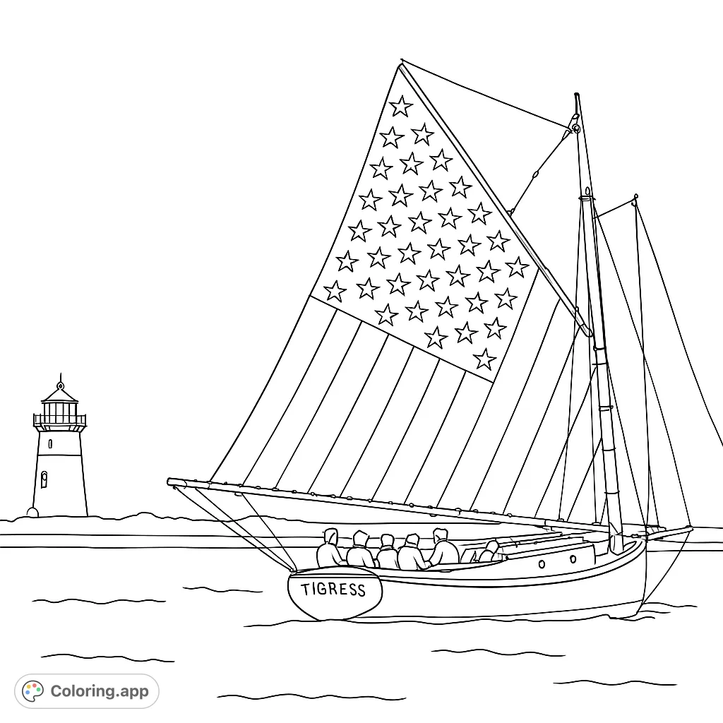 Explore a charming scene featuring a sailboat with a patterned sail, cruising past a classic lighthouse on a serene waterfront. A timeless maritime adventure awaits your artistic touch.