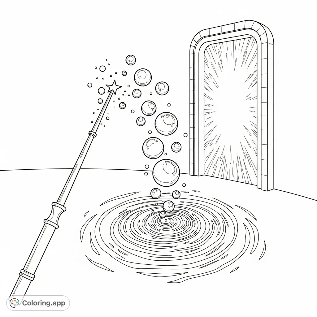 Explore a mystical realm with a magic wand, floating orbs, a swirling vortex, and an open magical portal. A captivating fantasy scene awaits your creative touch.