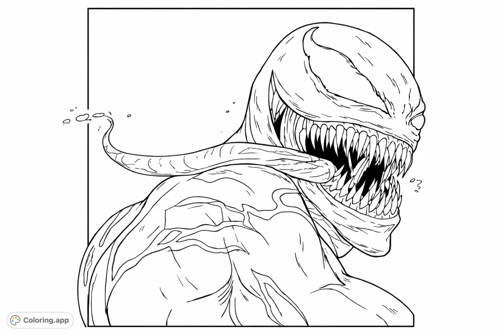 Unleash your creativity on this imposing symbiote creature coloring page. Featuring sharp teeth, a long tongue, and dynamic body markings, perfect for intense coloring sessions.