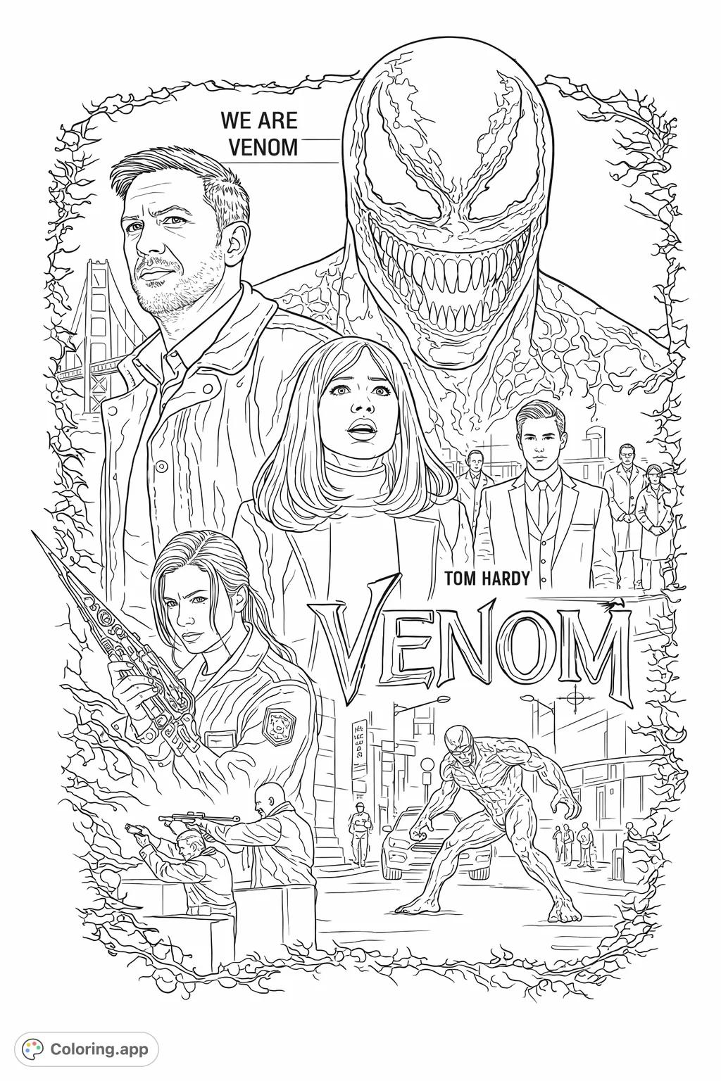 An epic symbiote action collage coloring page featuring dynamic characters, a monstrous entity, and intense urban and scientific scenes. Perfect for fans.