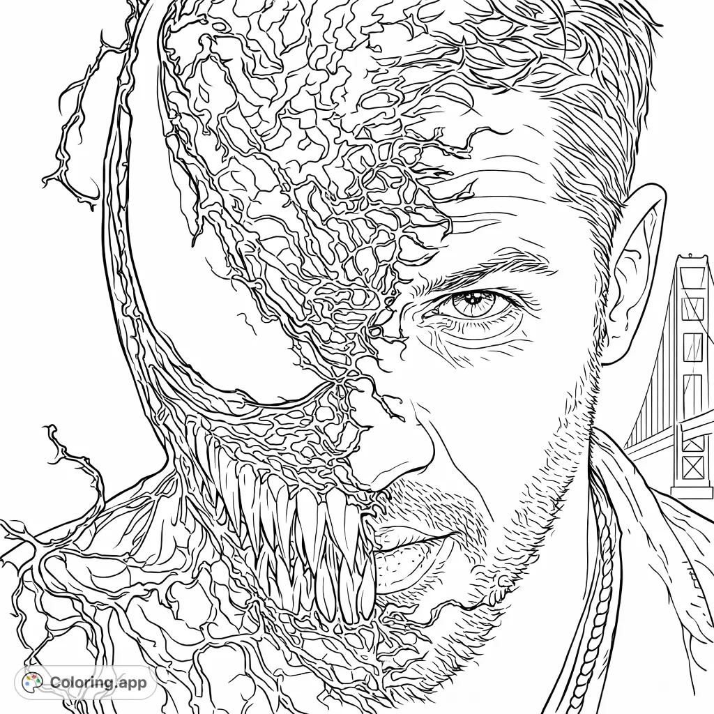Color a striking superhero coloring page featuring a powerful human and an alien symbiote merging into a formidable dual portrait against a city background.