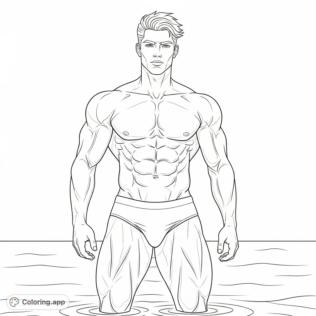 A detailed athletic man stands by water, showcasing a powerful physique with sculpted muscles and a strong, focused expression. Perfect for enthusiasts of strength and form.