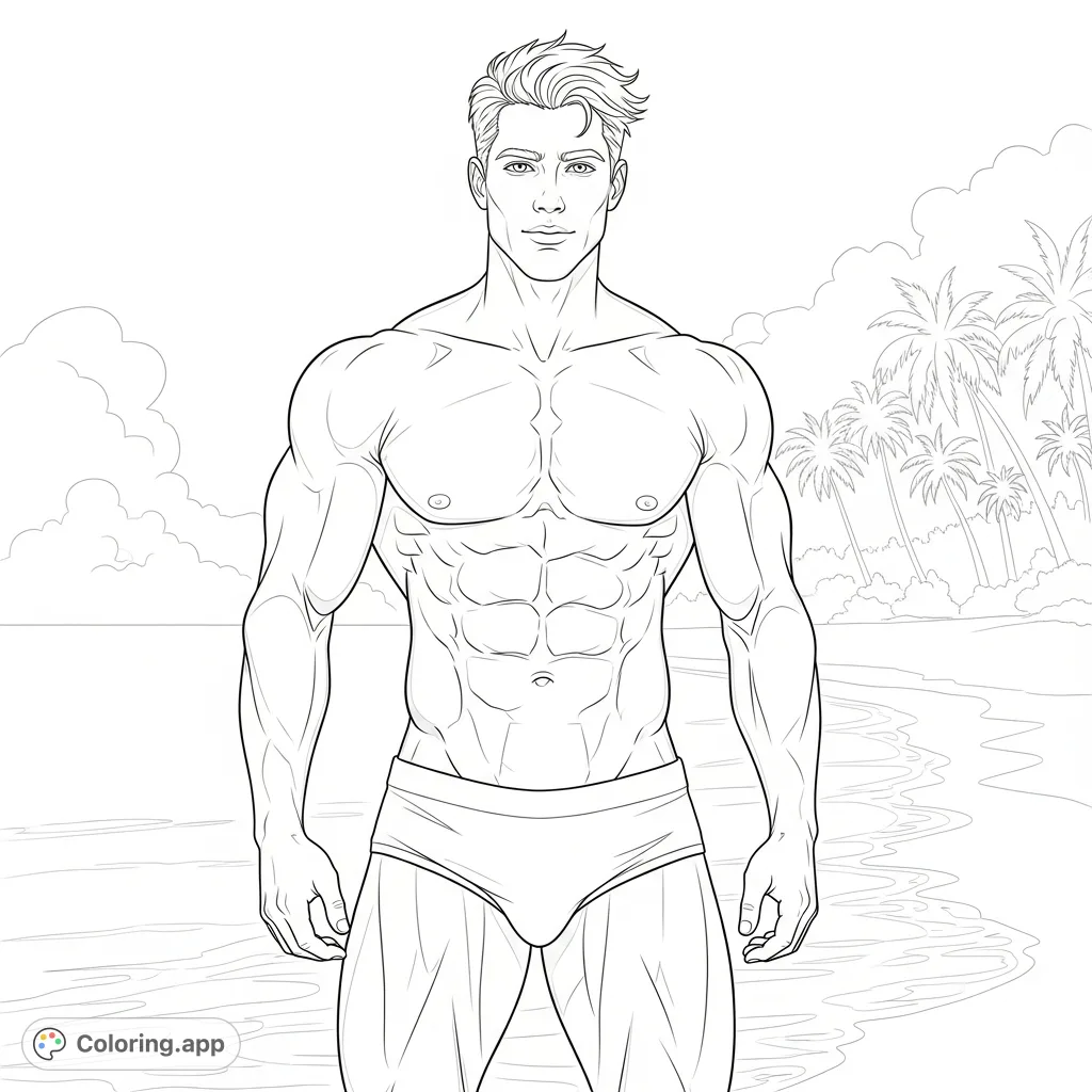 A strikingly athletic man with sculpted muscles stands confidently by a serene shoreline, showcasing a powerful physique against a backdrop of water and palms.