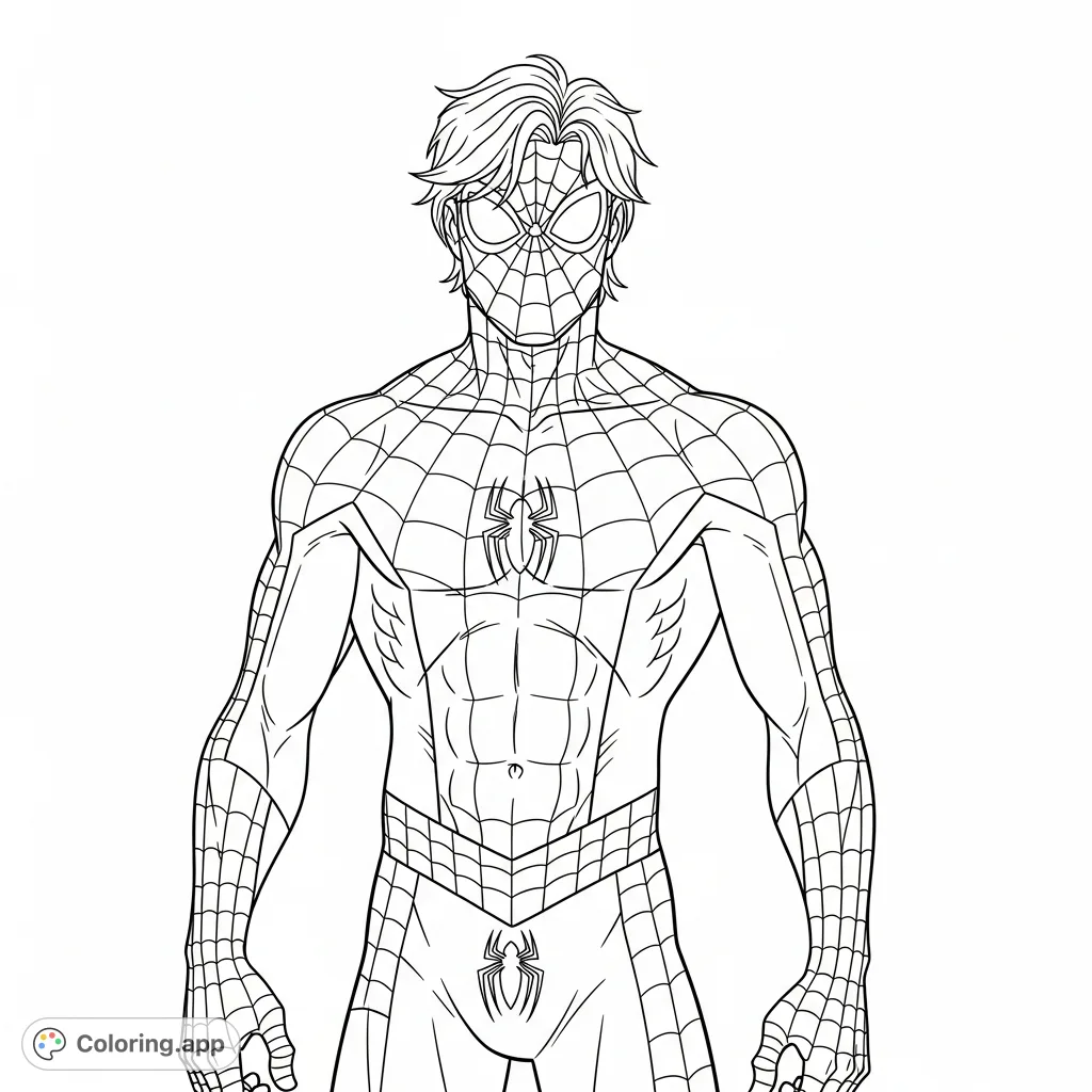Unleash your artistic powers on this detailed superhero coloring page, featuring a powerful, muscled hero in a spider-themed suit. Perfect for adult fans!