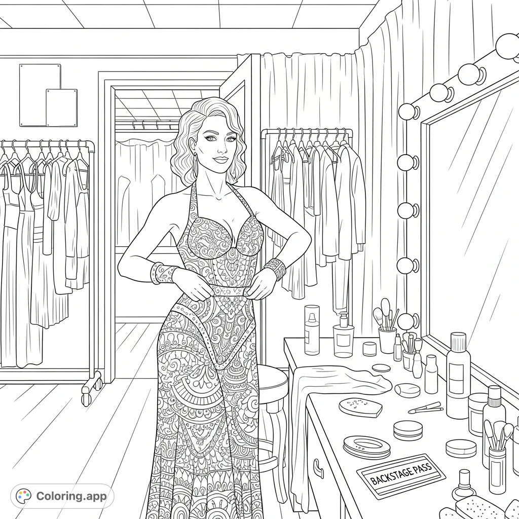 An adult-themed stripper coloring page depicting a performer getting ready in a detailed nightclub backstage, complete with a backstage pass.