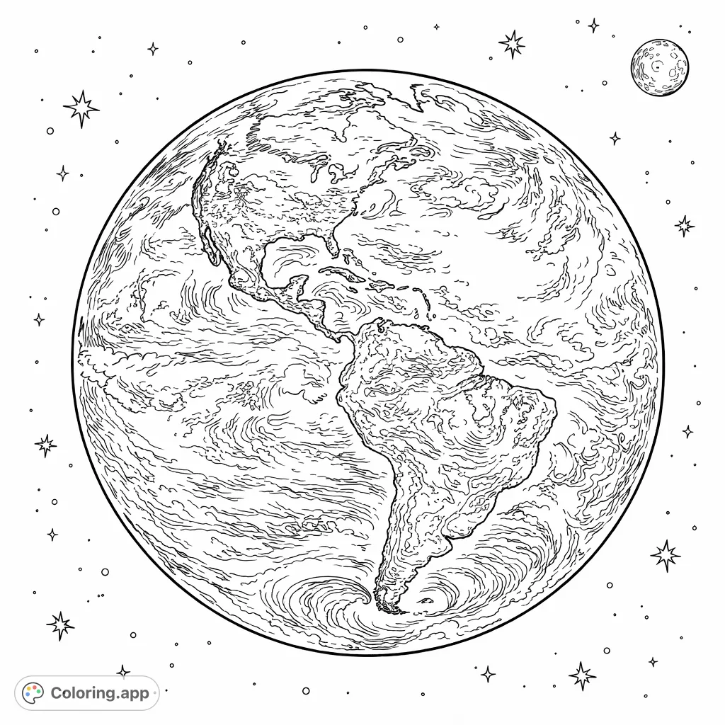 An intricate Earth and Moon coloring page showcasing North and South America, swirling clouds, and a distant lunar companion. A detailed cosmic scene for all ages.