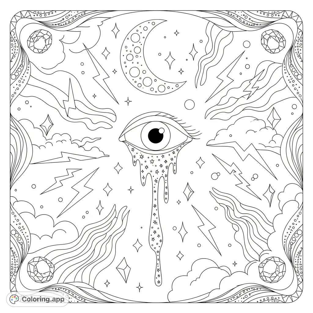 A surreal abstract eye with shimmering tears and stars, set against a background of luminous shapes, a crescent moon, and cosmetic-inspired patterns for a dreamy, emotional art experience.
