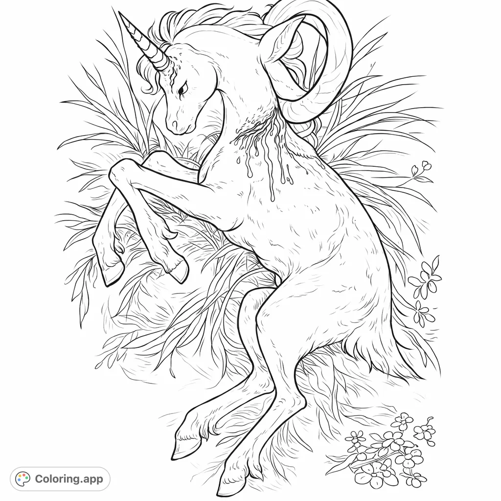 A highly detailed hand-drawn sketch of a mystical forest fawn resting amongst lush, intricate foliage. Perfect for adults seeking a challenging, immersive coloring experience.