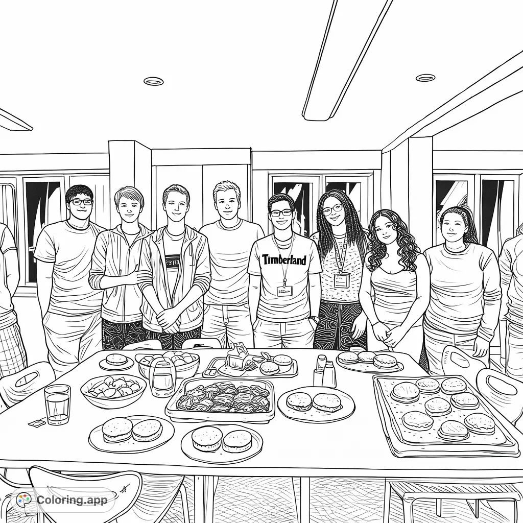 Join a lively group of friends enjoying a burger feast! This intricate coloring page features detailed food, casual attire, and a warm gathering scene for hours of creative fun.