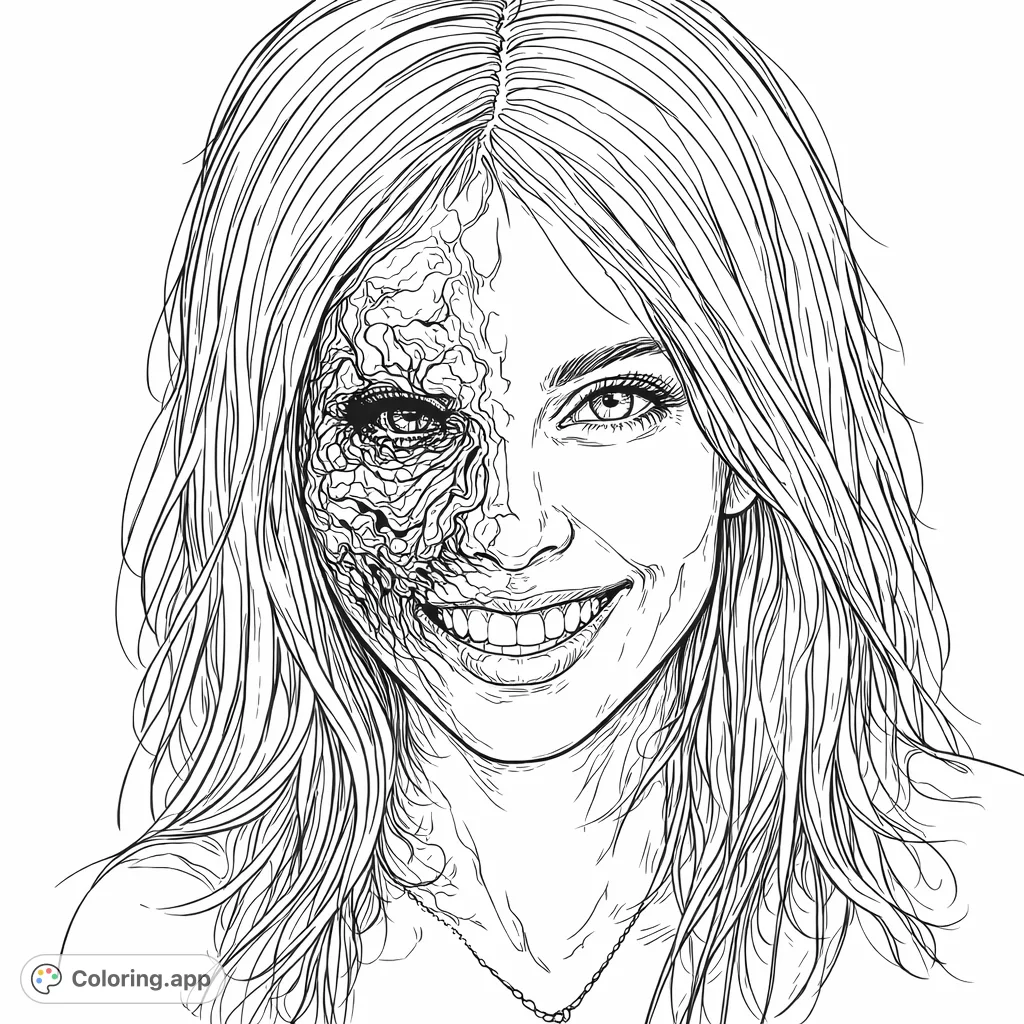 An intricate portrait featuring a smiling woman with one side of her face covered in complex, detailed organic patterns, creating a striking contrast for adult colorists.