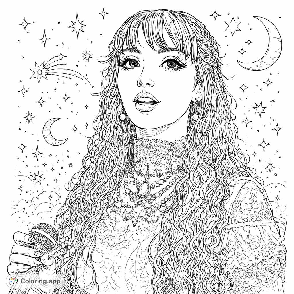 An intricate performer coloring page featuring a graceful figure in an ornate lace dress, adorned with pearls and celestial patterns, perfect for mindful coloring.