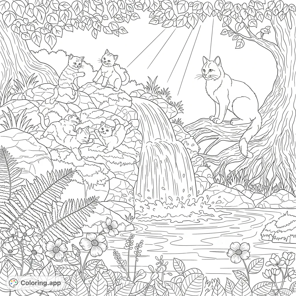 Discover a charming forest scene with playful kittens tumbling on mossy rocks by a cascading waterfall, watched by a serene older cat. A delightful nature coloring page.