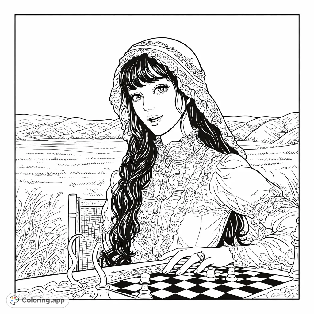 Color a young woman in vintage lace attire and bonnet, set against a vast landscape of rolling hills. An intricate design for mindful coloring.
