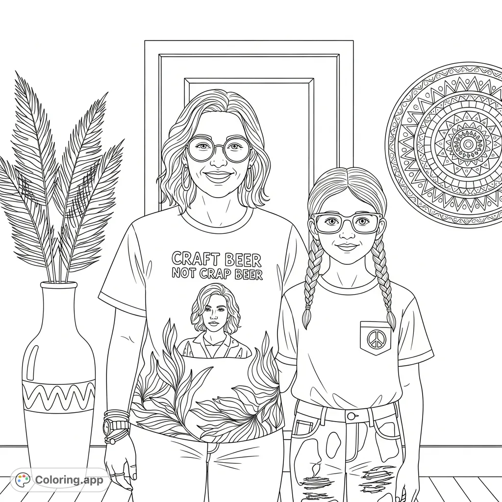 A charming coloring page featuring a smiling adult and child with unique outfits and glasses, standing side-by-side indoors with a decorative background.
