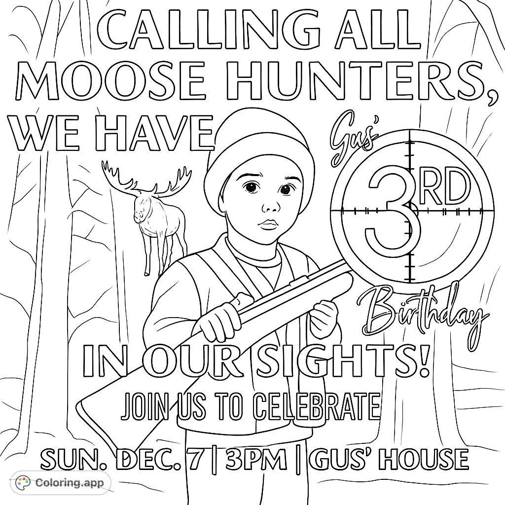 A delightful hunting-themed coloring page featuring a young child with a toy rifle and a magnificent moose, set against a camouflage background.