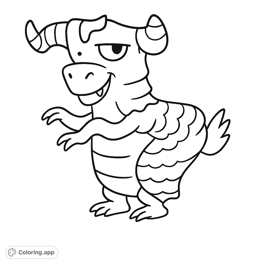 Color this fun, grumpy-faced monster with unique horns and textured scales. A delightful creature for imaginative coloring adventures!