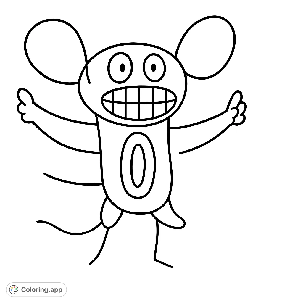 A cheerful cartoon creature with big ears and a wide smile, perfect for young artists. Simple shapes and a playful pose invite imaginative coloring fun.