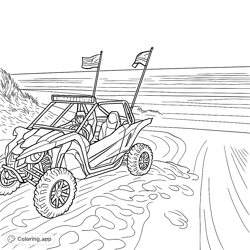 An exciting UTV adventure on a sandy beach at twilight, featuring waving flags and distant ocean waves. A perfect scene for vehicle enthusiasts.