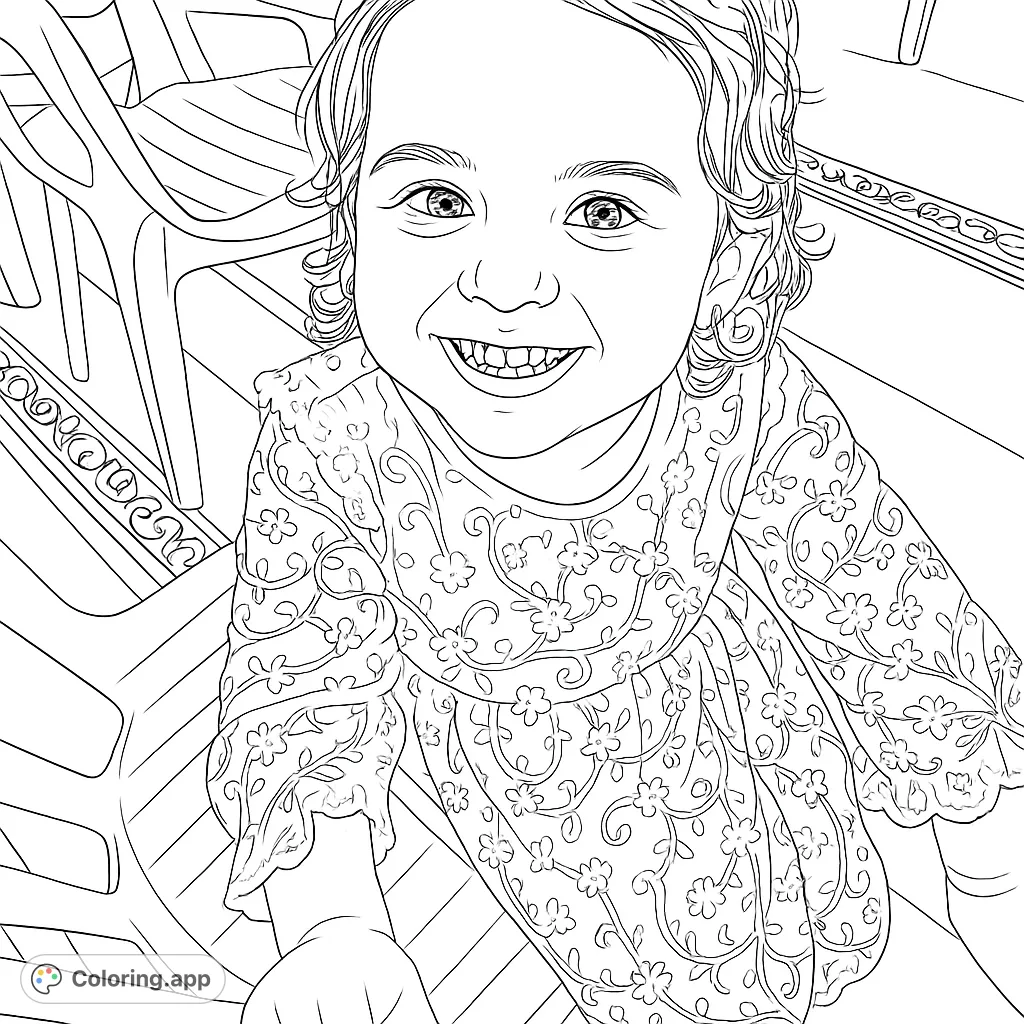 A delightful coloring page featuring a joyful young girl with curly hair, wearing an elegant lace dress, smiling brightly. Perfect for creative expression and detailed coloring.