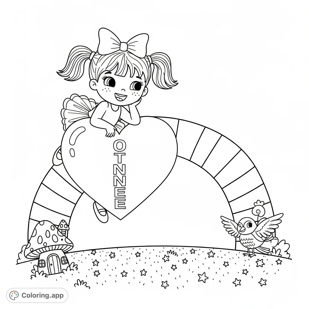 A cheerful cartoon girl with pigtails stands atop a large heart with vertical text. A grand arch spans behind, complemented by a mushroom house and stars on the ground.