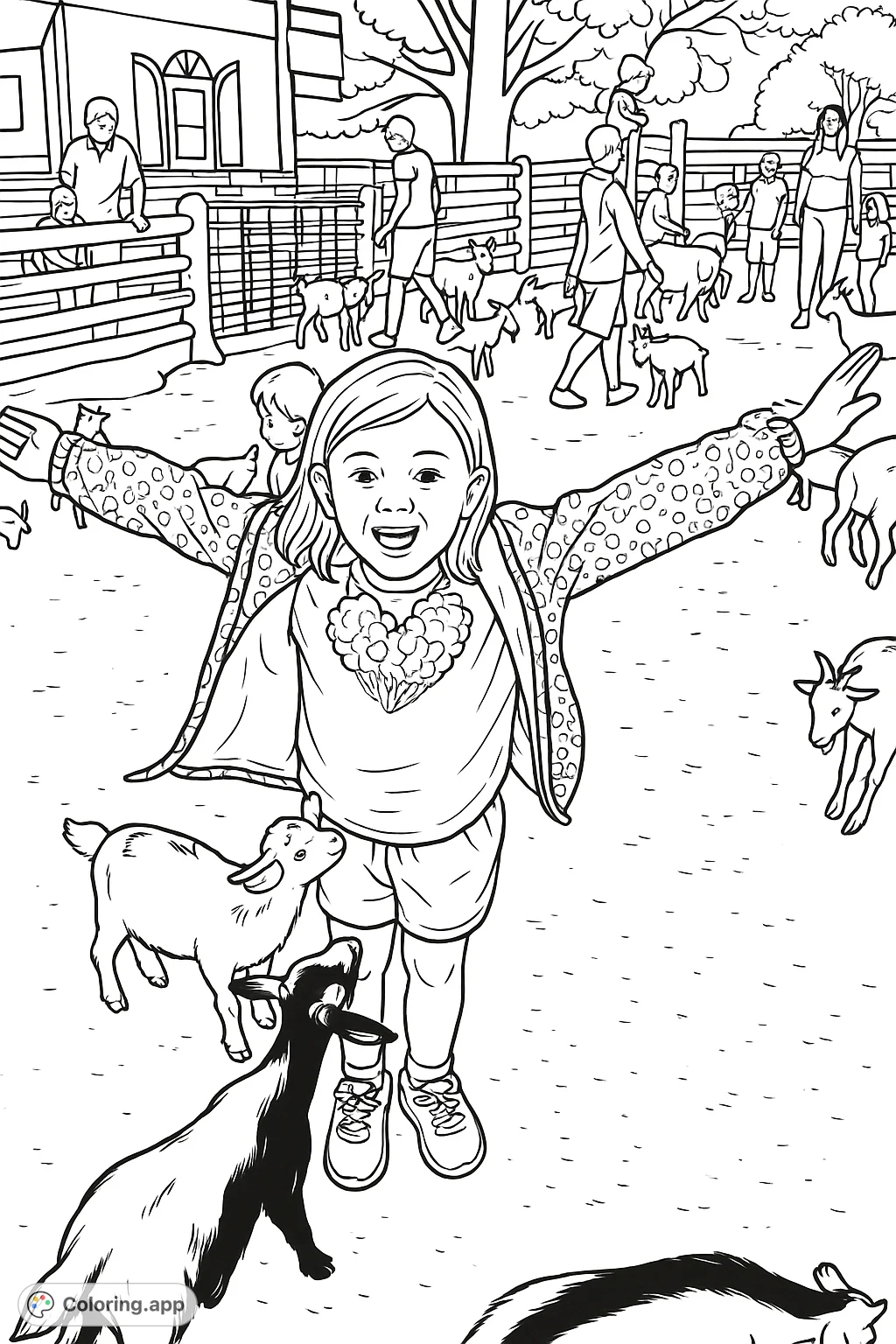 A joyful girl with outstretched arms surrounded by playful goats in a lively petting zoo. Perfect for animal lovers of all ages to color!
