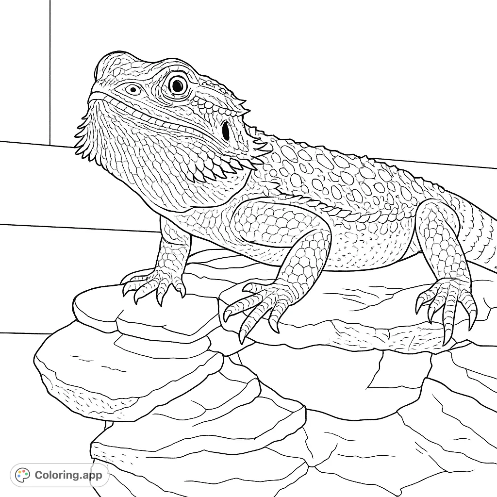 Color a majestic bearded dragon perched on textured rocks. This intricate reptile coloring page offers detailed scales for a captivating creative challenge.