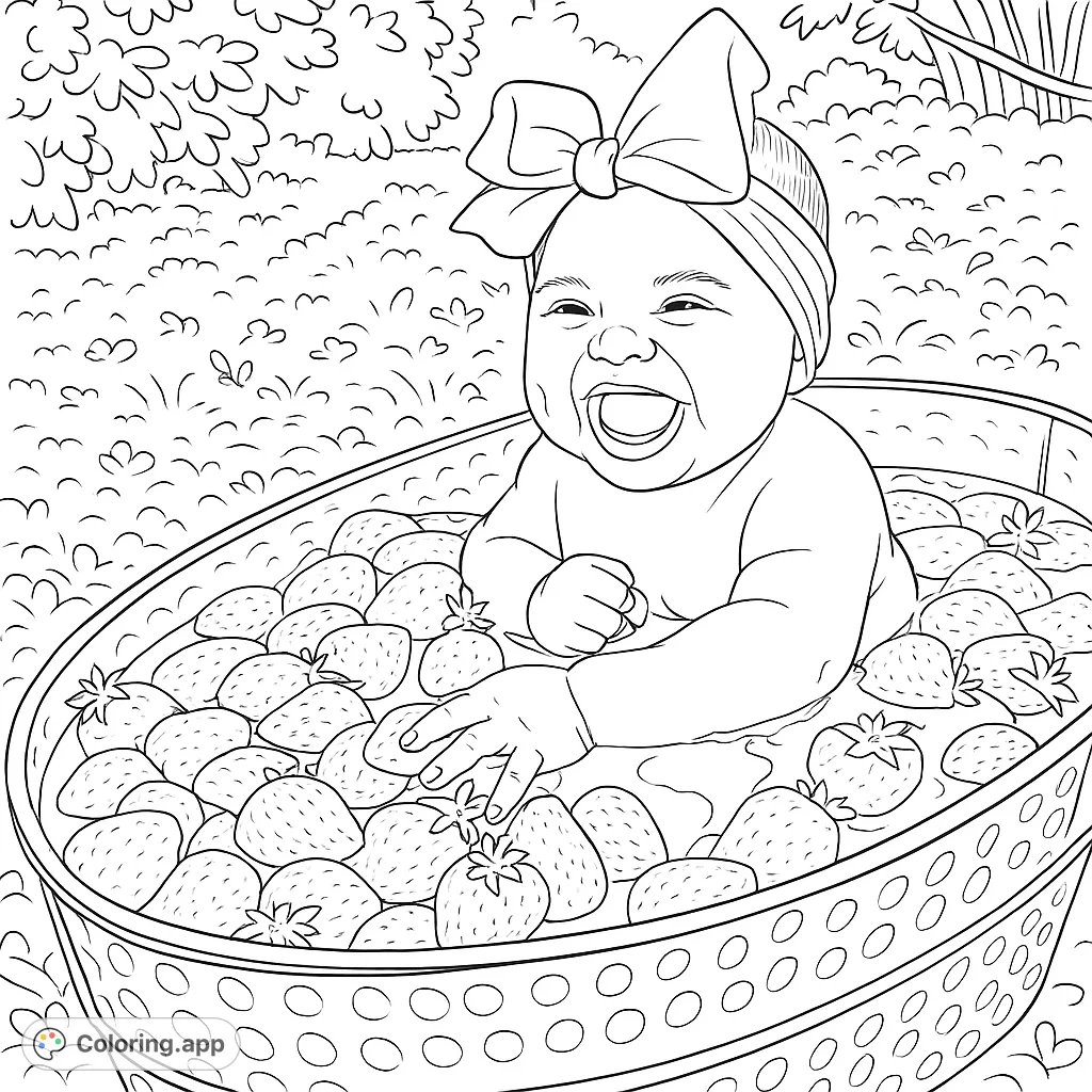 A delightful coloring page featuring a happy baby in a tub filled with strawberries, perfect for a cheerful and wholesome coloring experience.