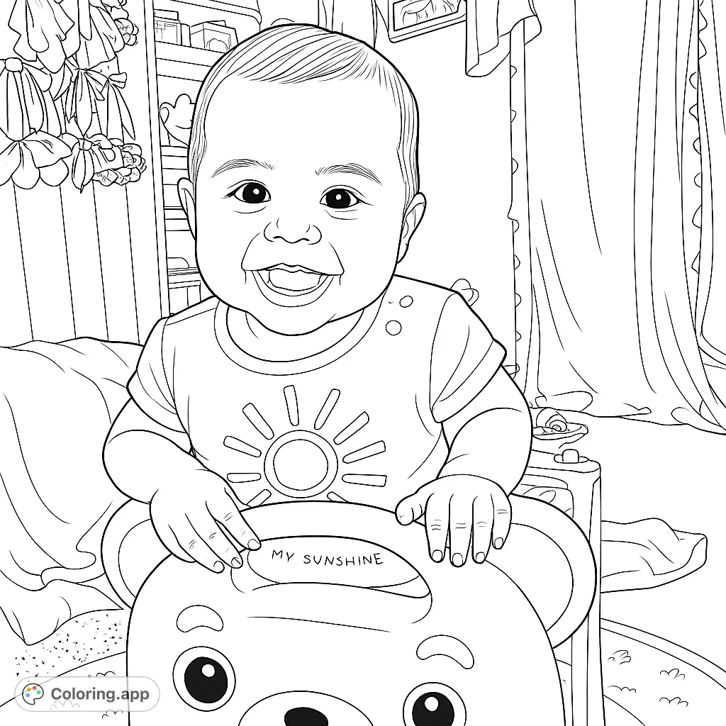 A joyful baby smiles broadly while sitting in a toy, surrounded by a playful room with bows and patterned curtains. A heartwarming scene to color.