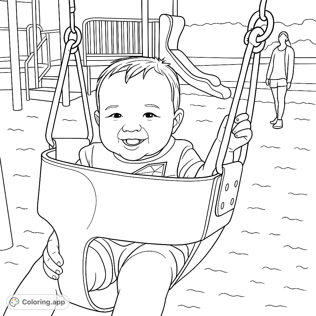 Capture the pure joy of childhood with this free printable baby on swing coloring page. A delightful scene of a happy infant enjoying playtime in a park.