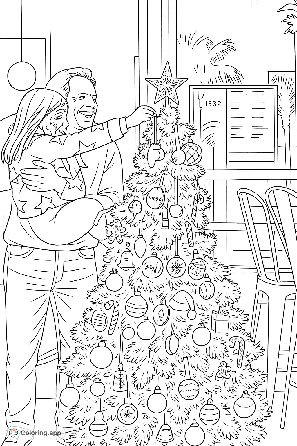 Join a heartwarming scene as a cheerful adult and child decorate a charming, ornament-laden tree. A perfect holiday coloring page for kids and adults to enjoy.