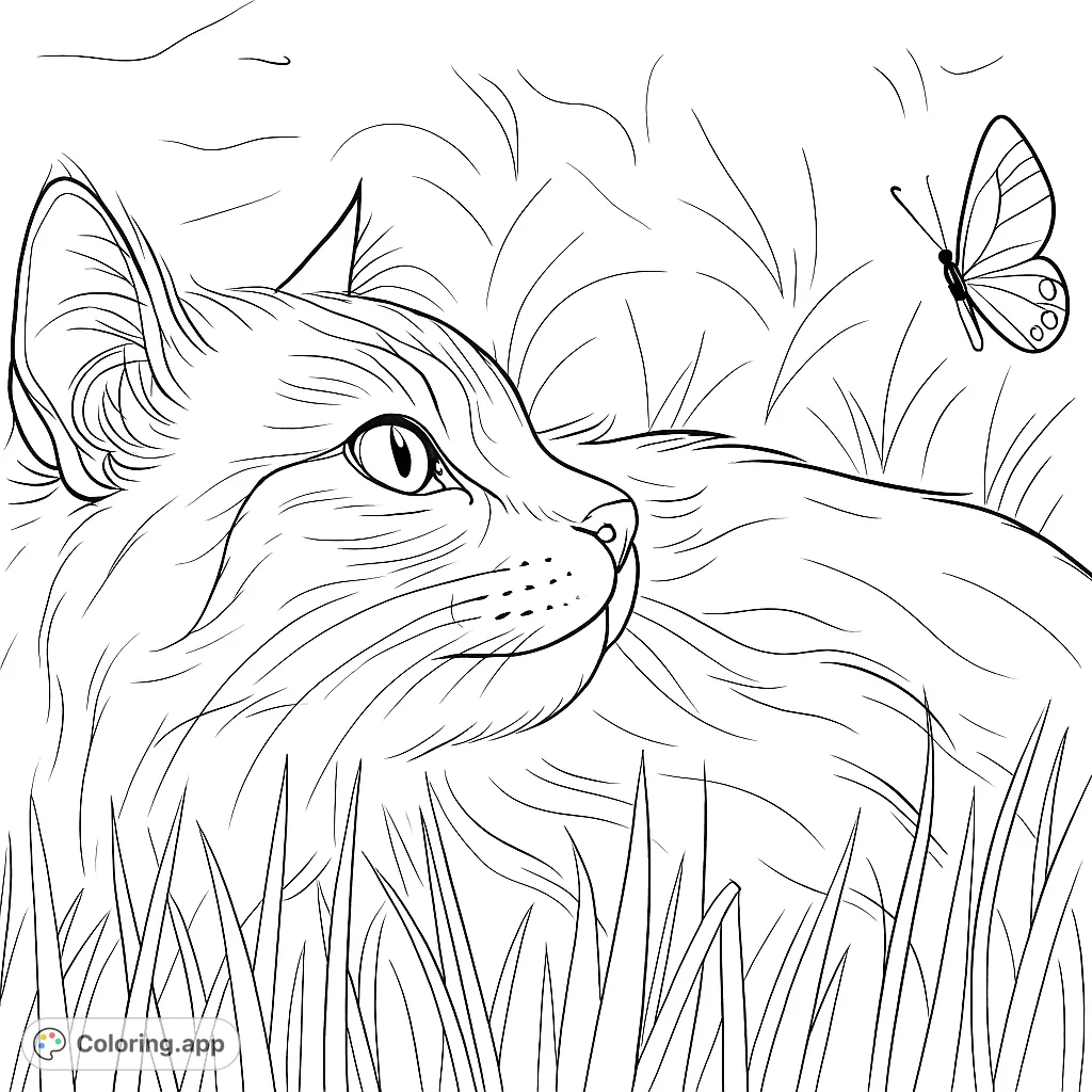 A charming cat lies in the grass, observing a delicate butterfly. This delightful scene offers a peaceful moment of nature, perfect for a relaxing coloring experience.