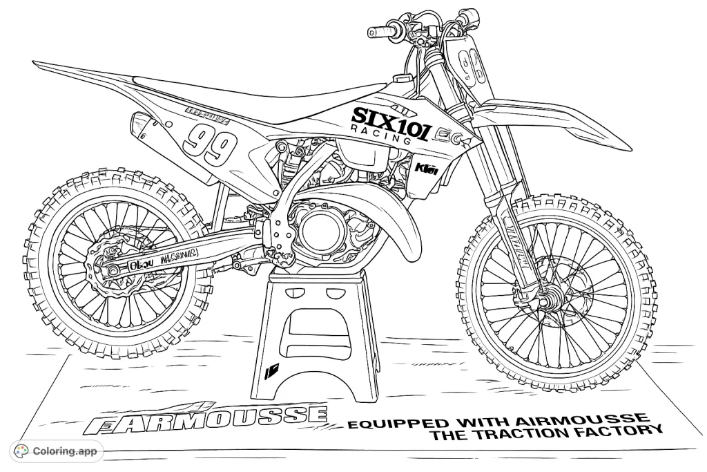 Unleash your creativity with this detailed motocross racing dirt bike coloring page, featuring knobby tires, intricate engine parts, and bold number 99. Perfect for thrill-seekers.