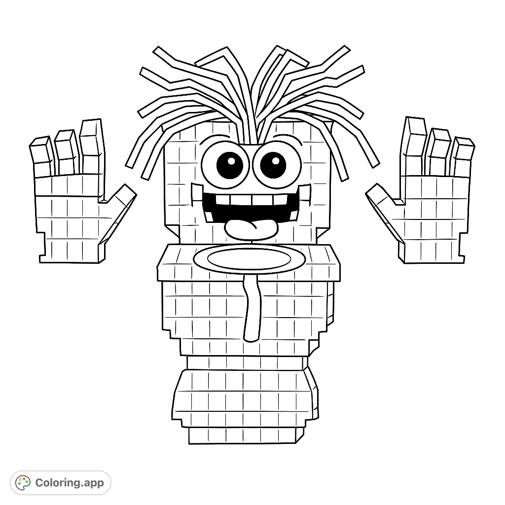 A fun pixelated character with a wide smile and spiky hair, ready for creative coloring. Its blocky design offers unique possibilities for pattern and texture.