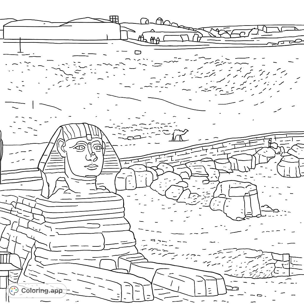 Explore the majestic Great Sphinx in a detailed coloring page. Bring to life the ancient monument and its vast desert landscape, perfect for history enthusiasts.