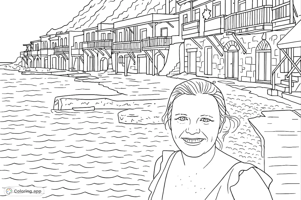 Explore a charming coastal village coloring page featuring unique houses nestled by the sea. Perfect for all ages, this free printable offers intricate details and serene waters.