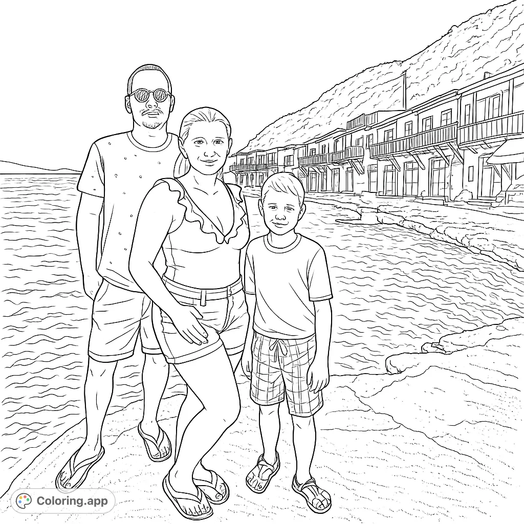 Explore a charming coastal village scene with a family enjoying their vacation by the clear waters. Features unique buildings, a rocky hill, and distant islands.