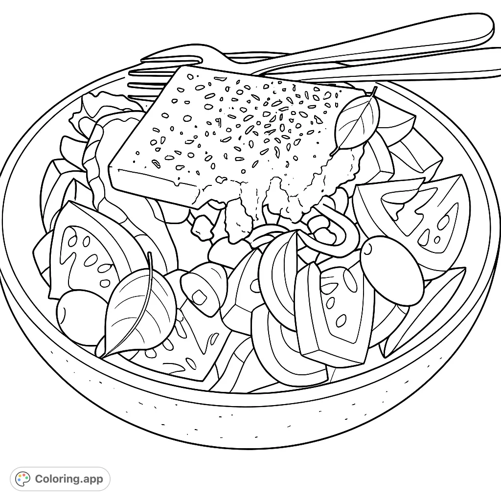Indulge in this delicious Greek salad coloring page, featuring fresh vegetables, olives, and a generous block of feta cheese for a satisfying experience.